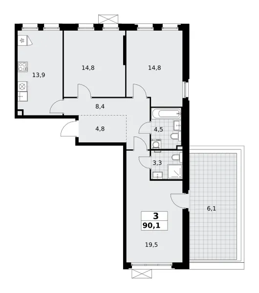 3-комн. 90.1 м²