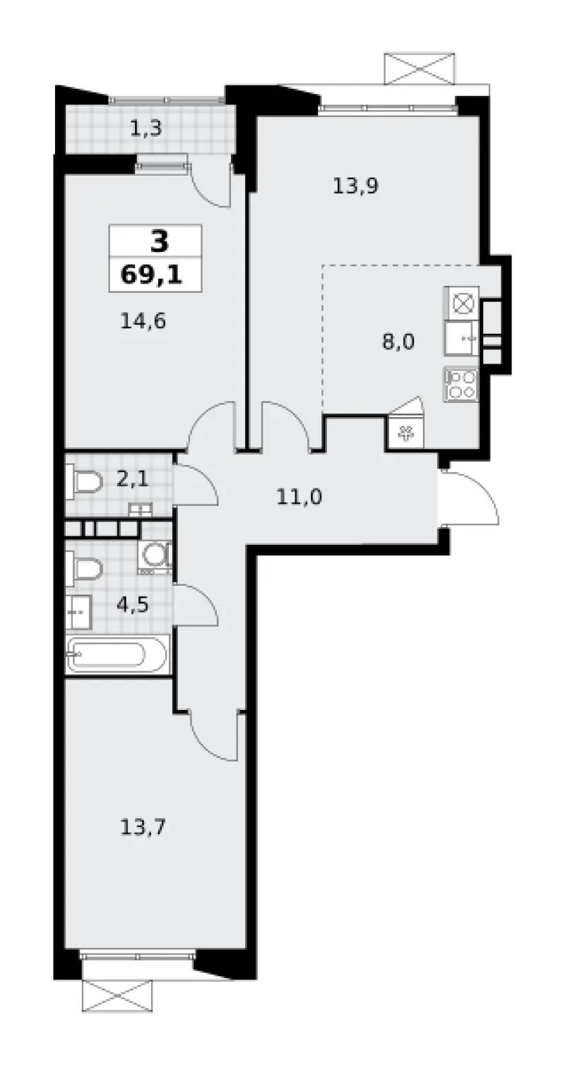 3-комн. 69 м²