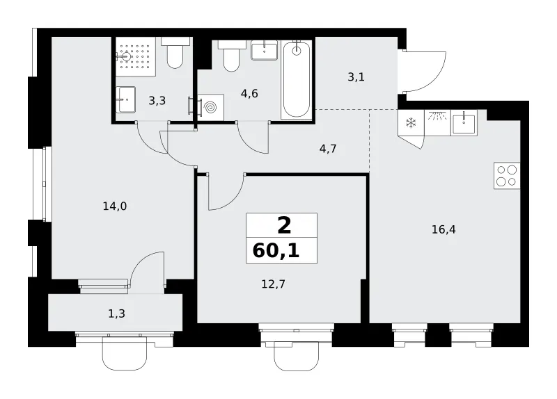 2-комн. 60.1 м²
