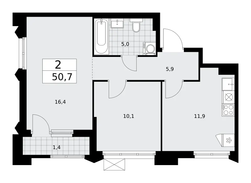 2-комн. 50.7 м²