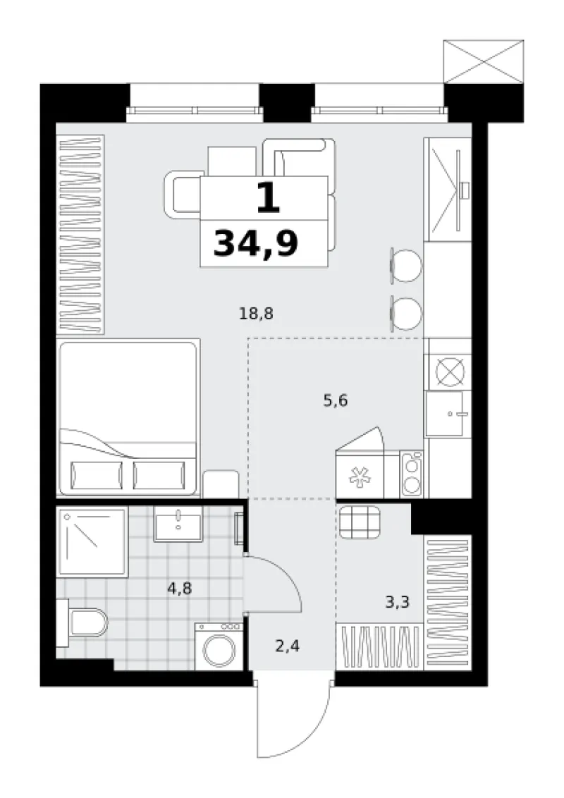 Студия 34.9 м²