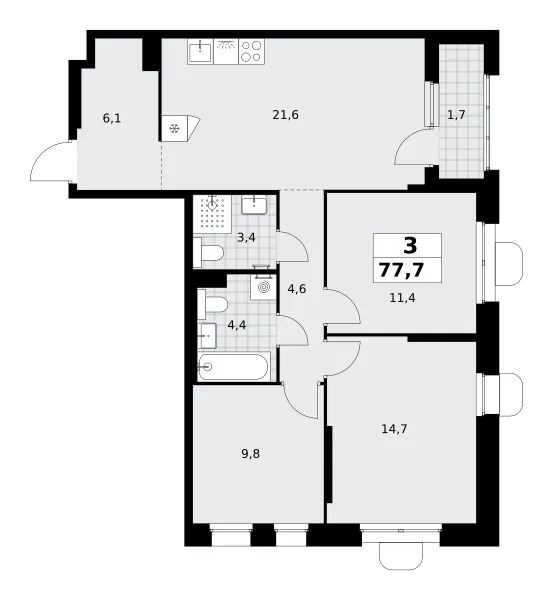 3-комн. 77.7 м²