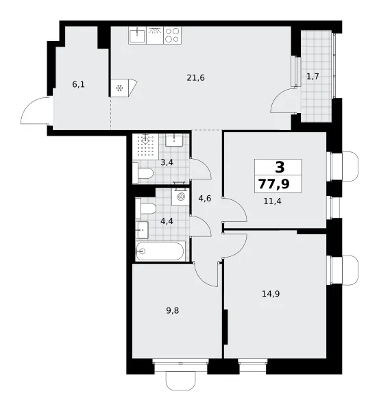 3-комн. 77.9 м²