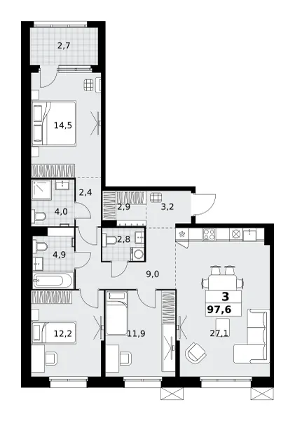 3-комн. 97.6 м²
