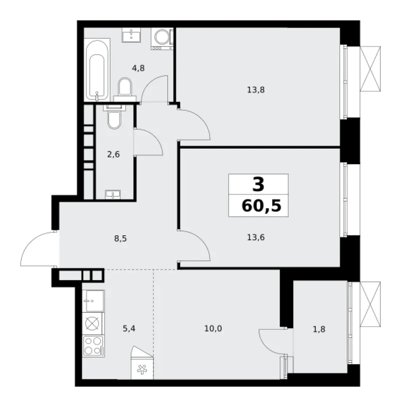 3-комн. 60.5 м²
