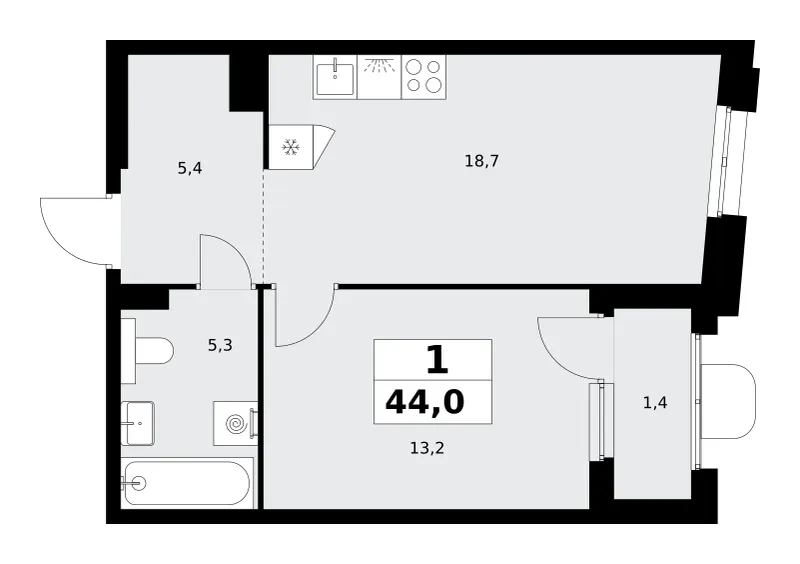 1-комн. 44 м²