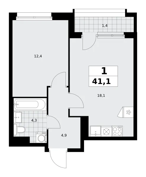 1-комн. 41.1 м²