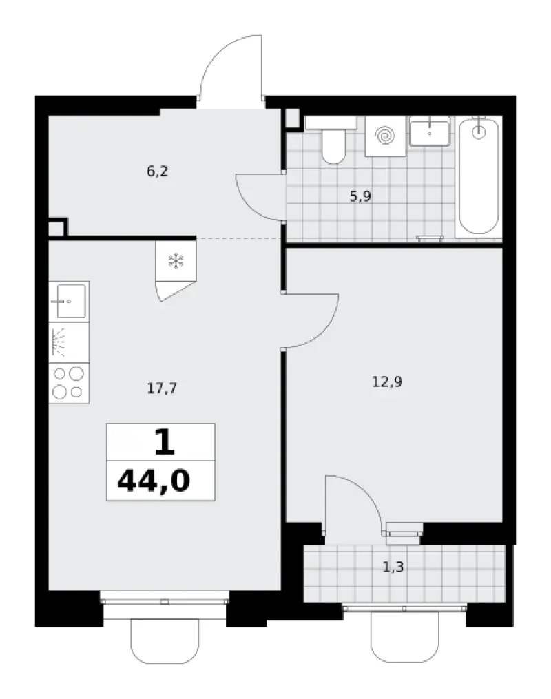 1-комн. 44 м²