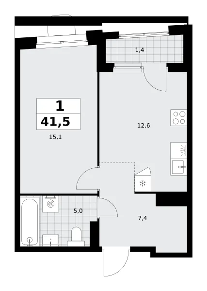 1-комн. 41.5 м²