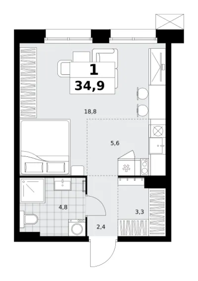34,9 м² — планировка
