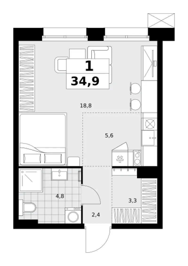 Студия 34.9 м²