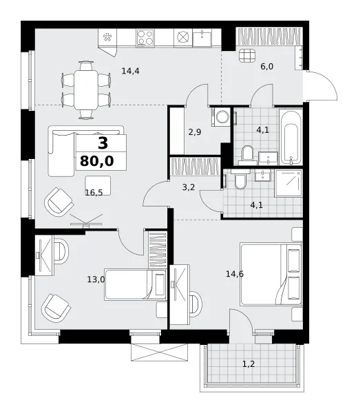 3-комн. 80 м²