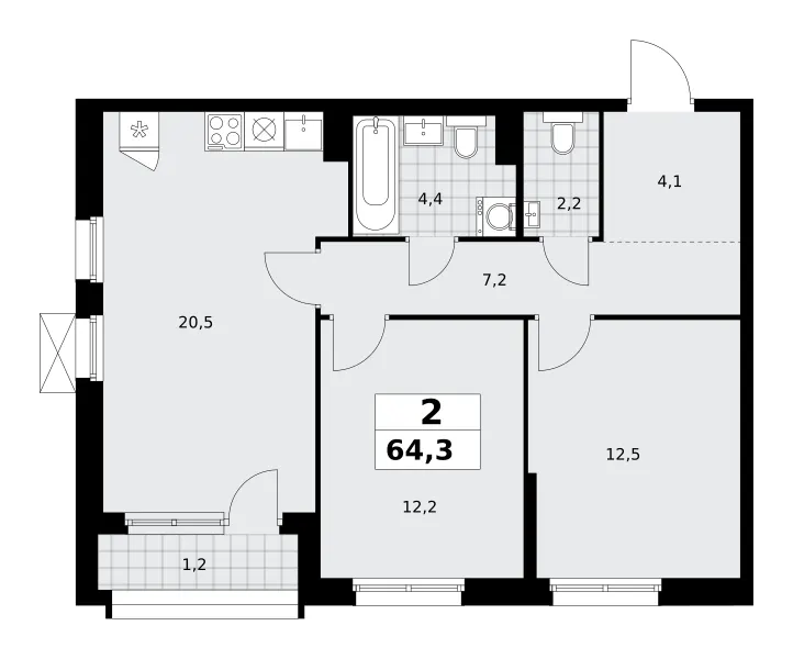 2-комн. 64.3 м²