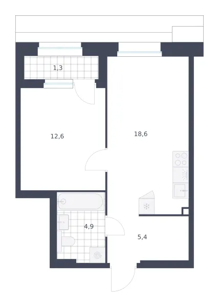 1-комн. 42.8 м²