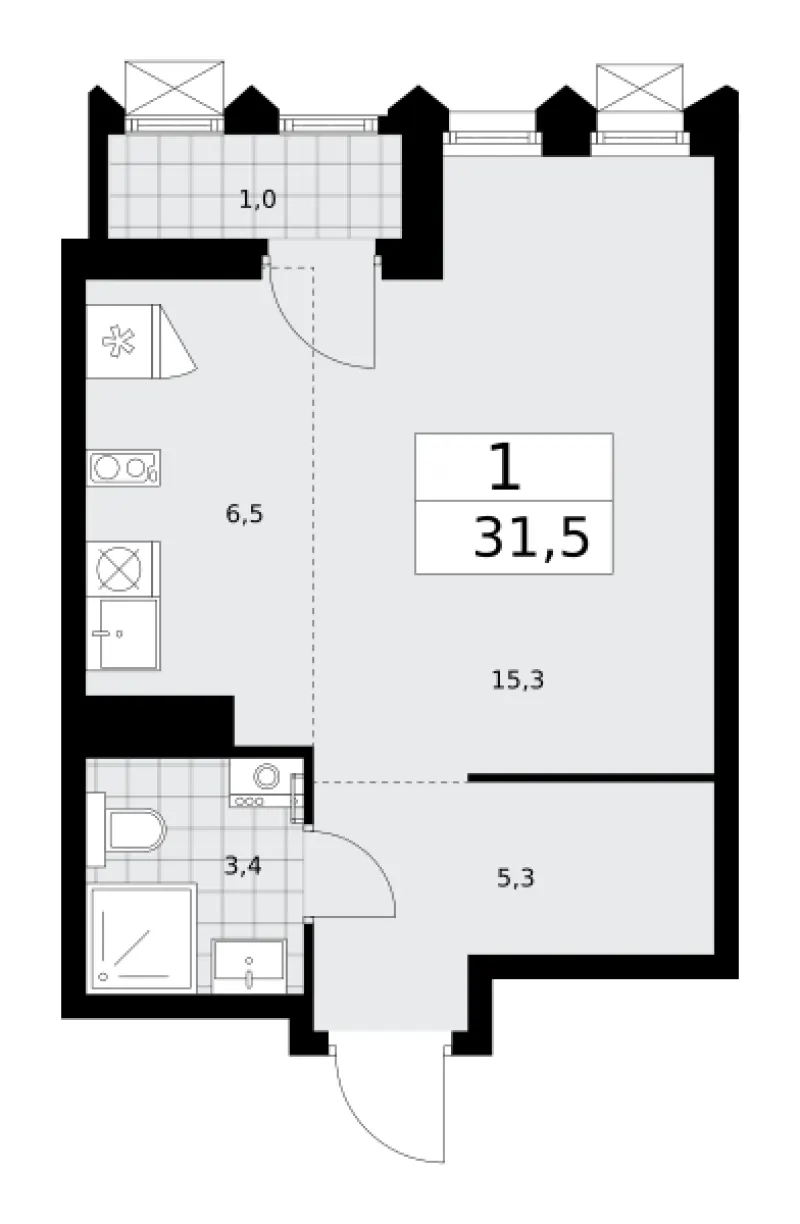 Студия 31.5 м²