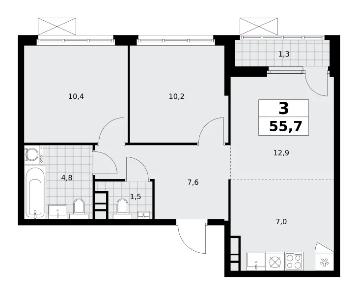 3-комн. 55.7 м²
