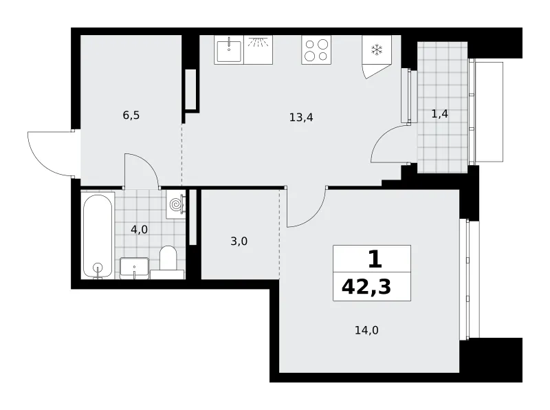 1-комн. 42.3 м²