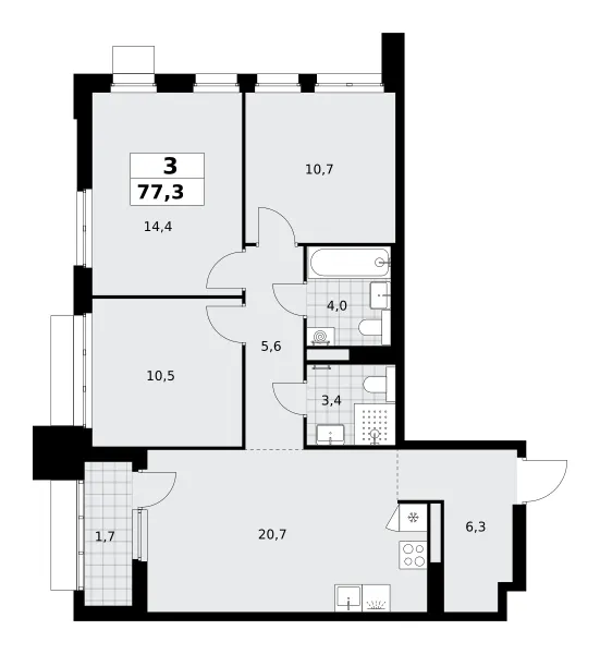 3-комн. 77.3 м²