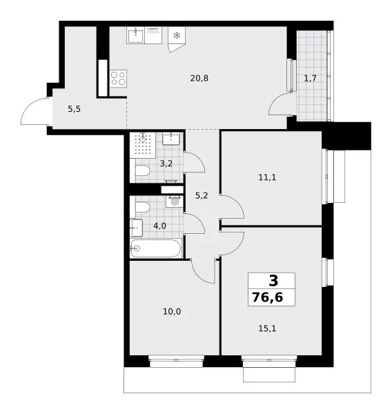 3-комн. 76.6 м²