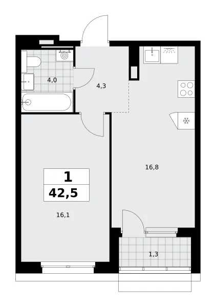 1-комн. 42.5 м²