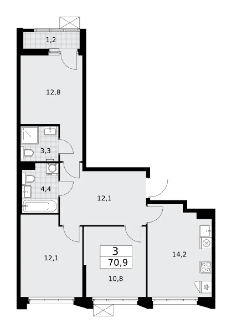 3-комн. 70.9 м²