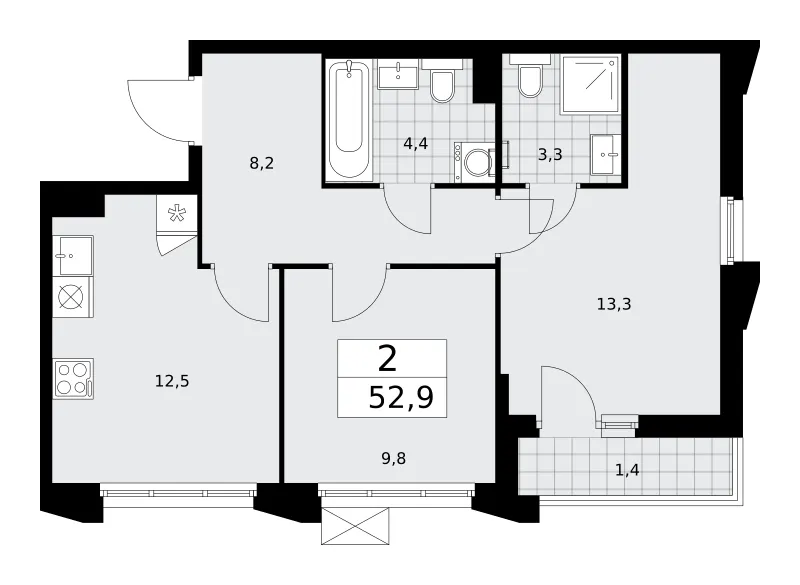 2-комн. 52.9 м²