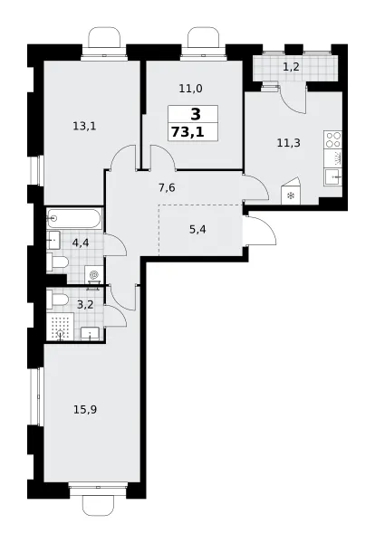 3-комн. 73.1 м²