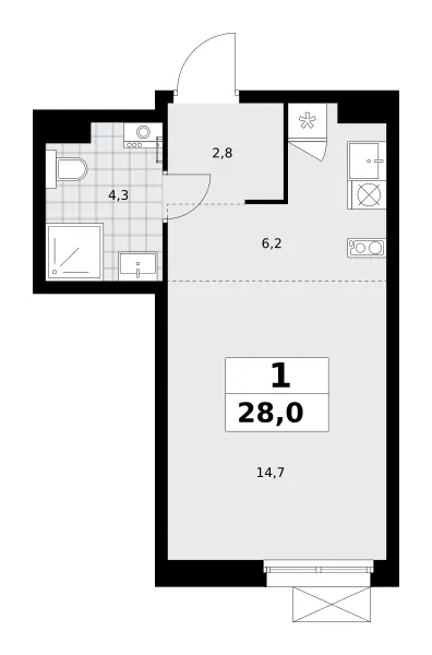 Студия 28 м²
