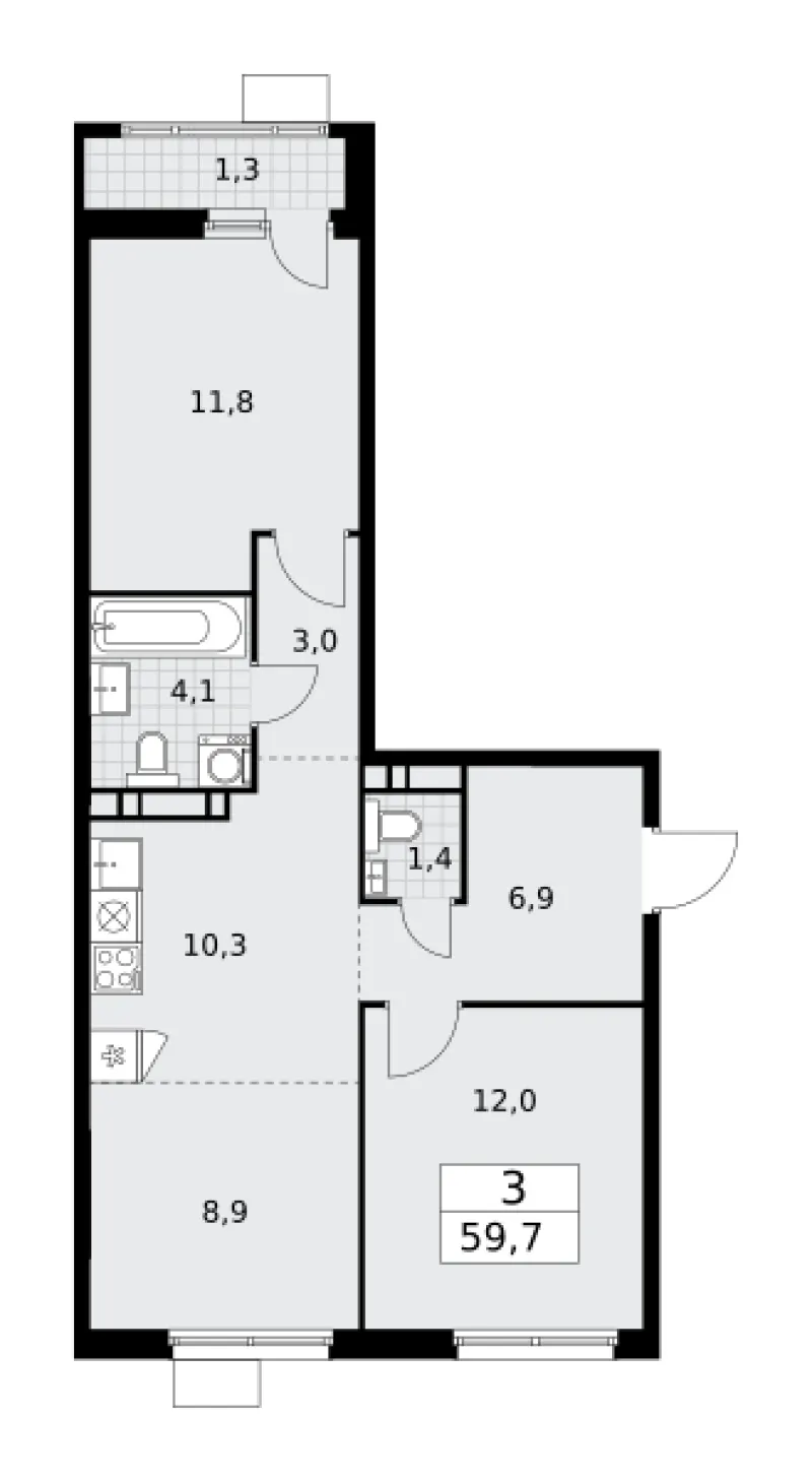 3-комн. 59.7 м²