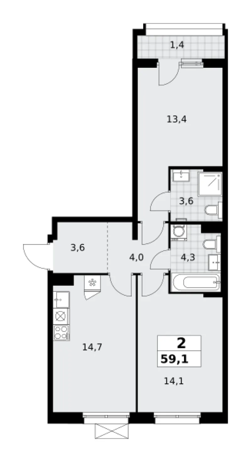 2-комн. 59.1 м²
