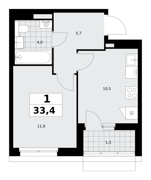 1-комн. 33.4 м²