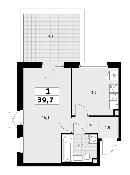 1-комн. 39.7 м²