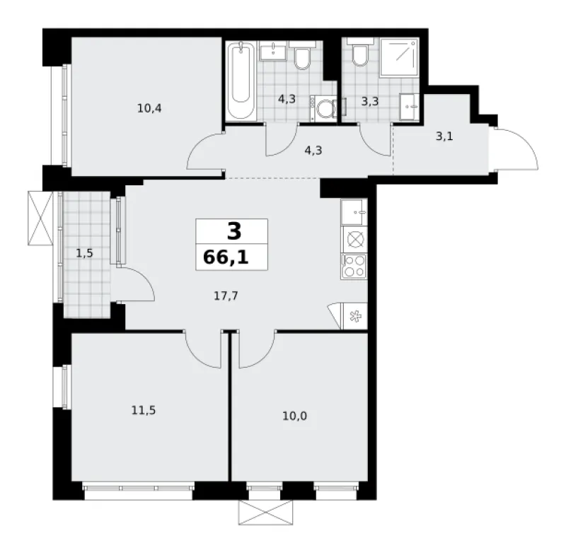 3-комн. 66.1 м²