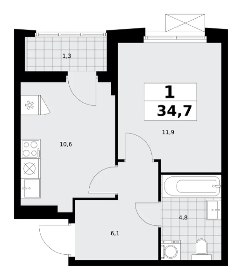 1-комн. 34.5 м²