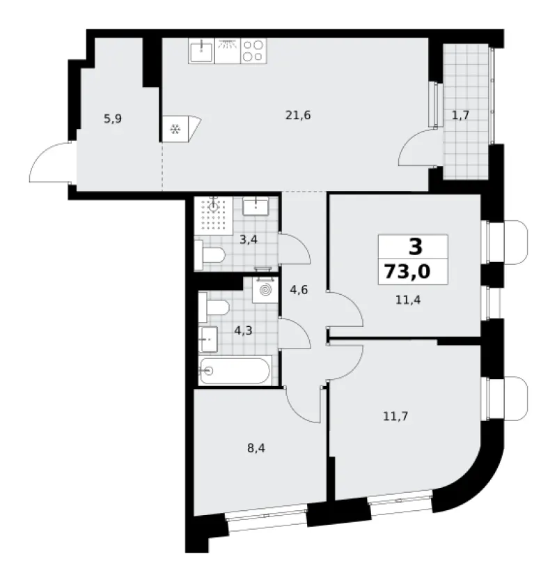 3-комн. 73 м²