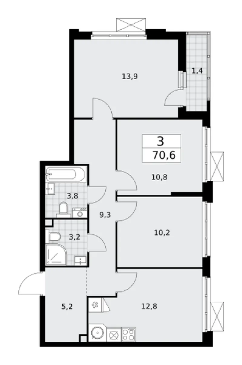 3-комн. 70.6 м²