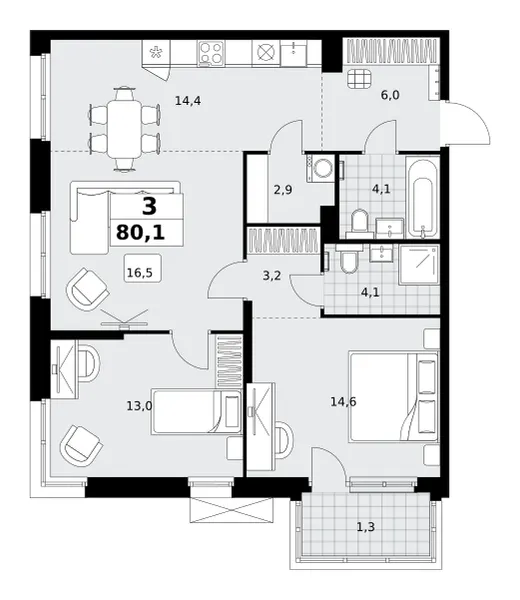 3-комн. 80.1 м²