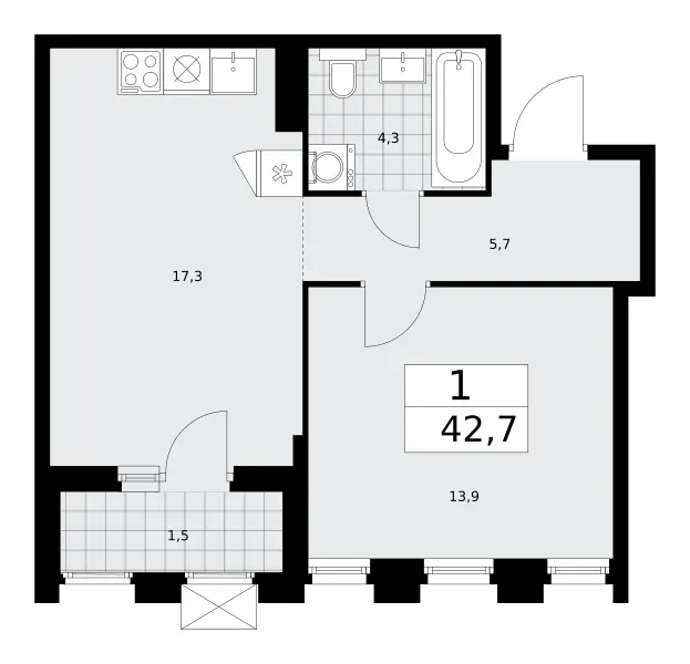 1-комн. 42.7 м²