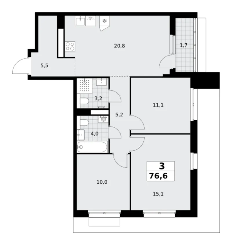 3-комн. 76.6 м²
