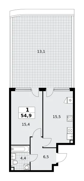 1-комн. 54.9 м²