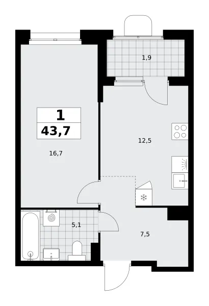 1-комн. 43.7 м²