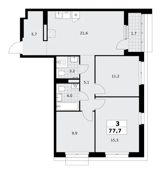 3-комн. 77.7 м²