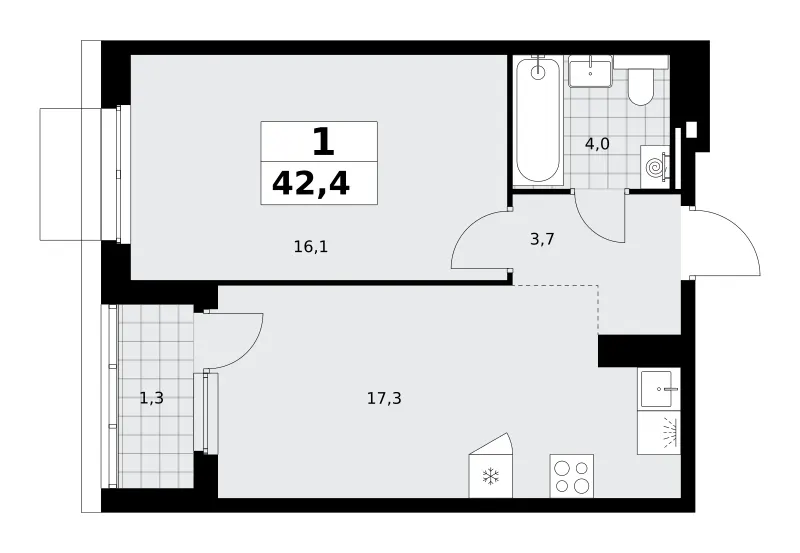 1-комн. 42.4 м²