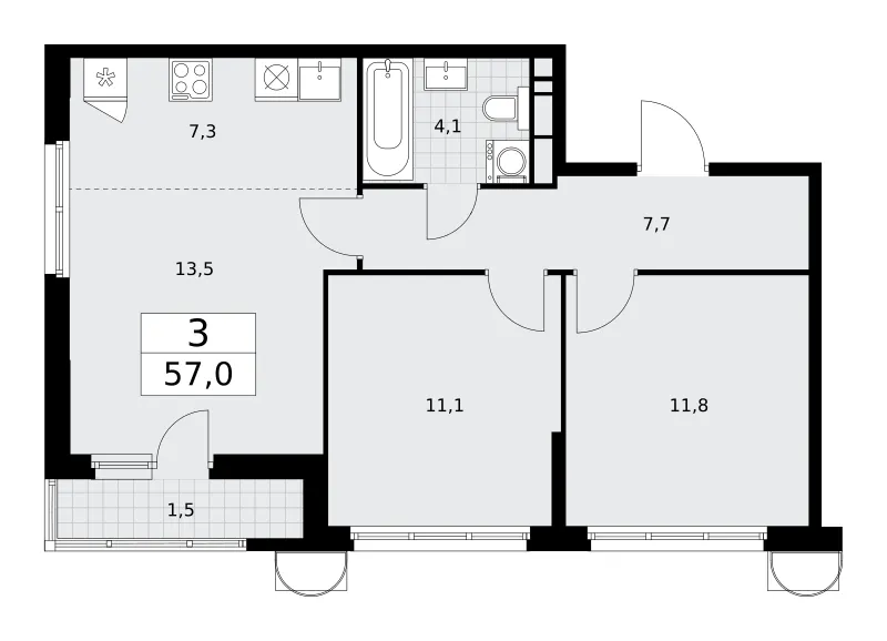 3-комн. 57 м²