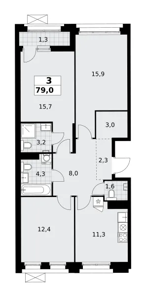 3-комн. 79 м²