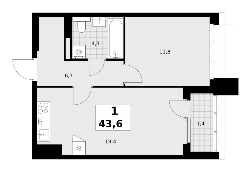 1-комн. 43.6 м²