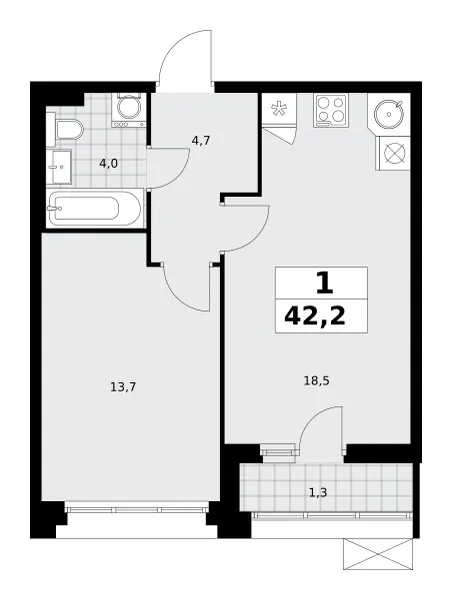 1-комн. 42.2 м²