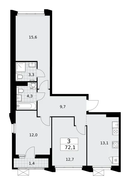 3-комн. 72.1 м²