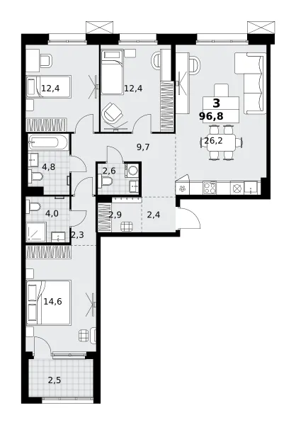 3-комн. 96.8 м²