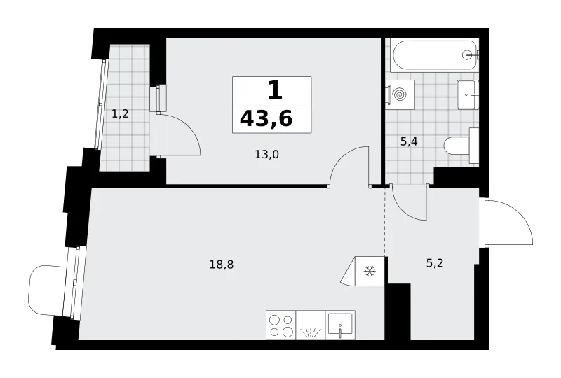 1-комн. 43.6 м²